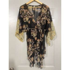 Free People Intimately Tunic Dress Womens Medium Black Paisley Sheer Good Boho